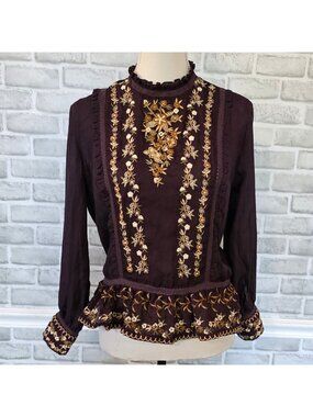 Vtg Burgundy Embroidered Floral Blouse Whimsigoth Prairie Boho Renaissance M
